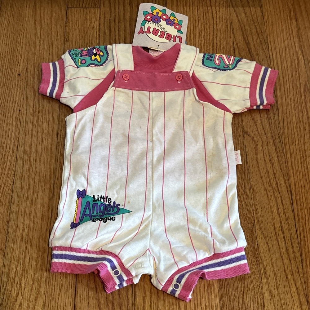 Vintage 90s Baby Girl One Piece Bubble Romper Outfit 0-6‎ Months Baseball Pink